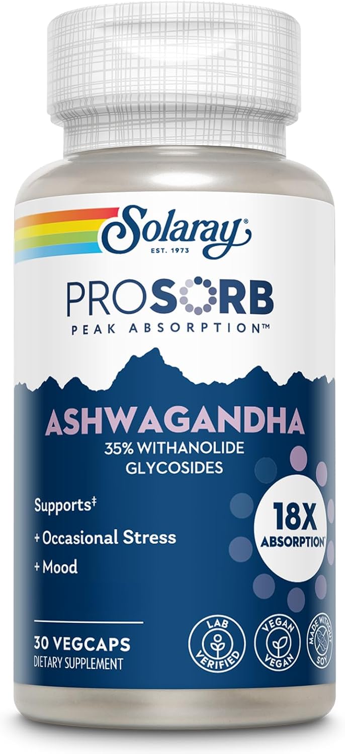 SOLARAY Ashwagandha Capsules 18X Absorption – Ashwagandha Root and Leaf Extract 240 mg – Occasional Stress Relief and Mood Support Supplement – Vegan, 60-Day Guarantee – 30 Servings, 30 VegCaps
