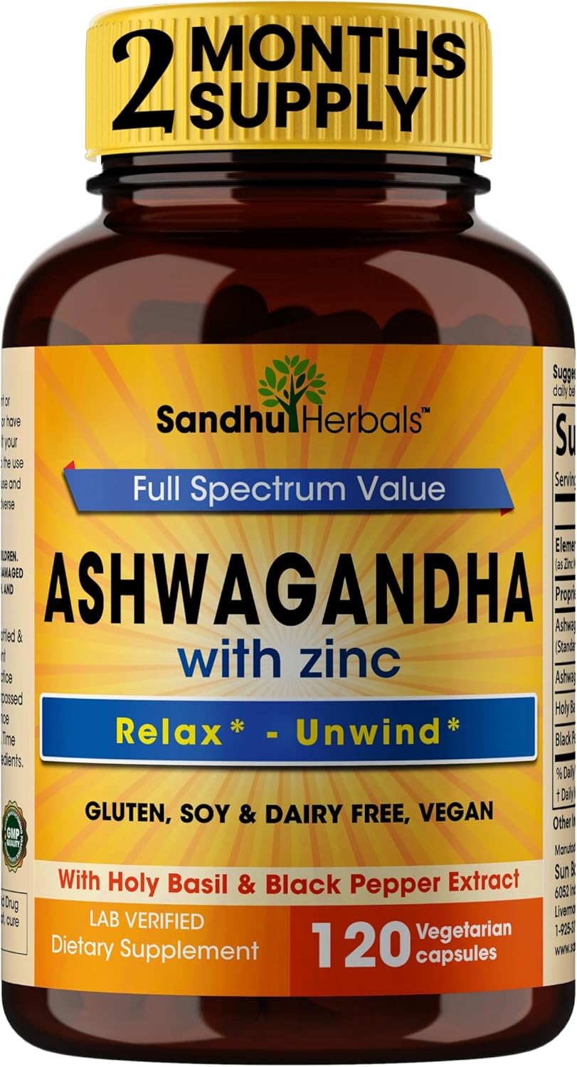 Sandhu Herbals Ashwagandha Supplement| 120 Organic 4 in 1 Capsules, 2 months supply| 8000mg with Zinc, Black Pepper & Holy Basil Extract| Stress Relief, Mood, Immune & Energy Support| Non-GMO