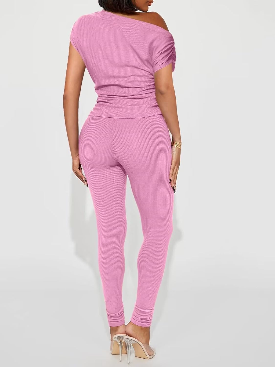 Sexy 2 Piece Outfits for Women One Off Shoulder Tops Ribbed Pant Set Tracksuit Clubwear