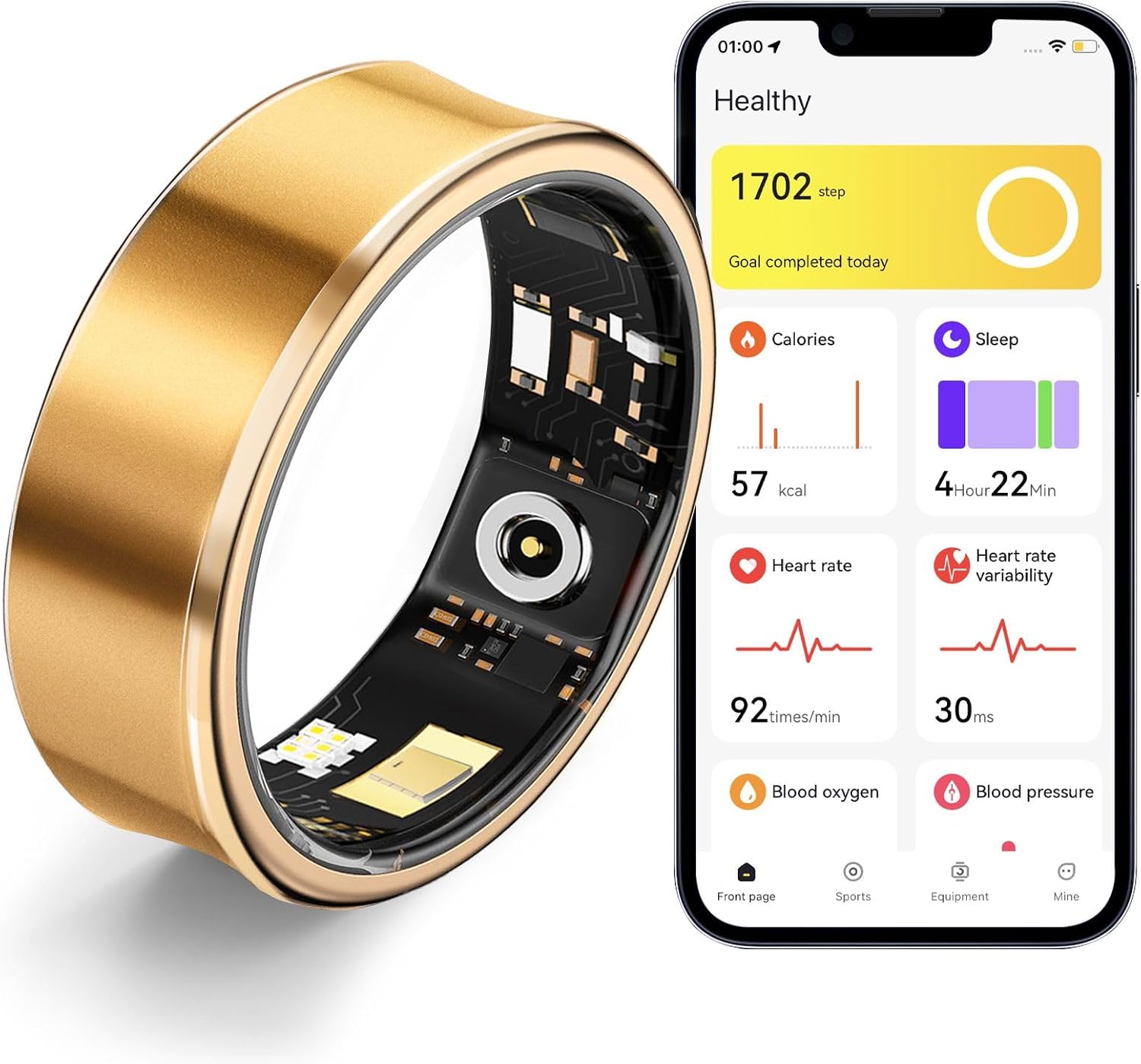 Smart Ring Fitness Tracker Ring for Men and Women – Titanium Material, Menstrual Cycle Tracker, Sleep Heart Rate Blood Oxygen Pressure Activity Steps Calories Tracker, No APP Subscription (Gold 11#)
