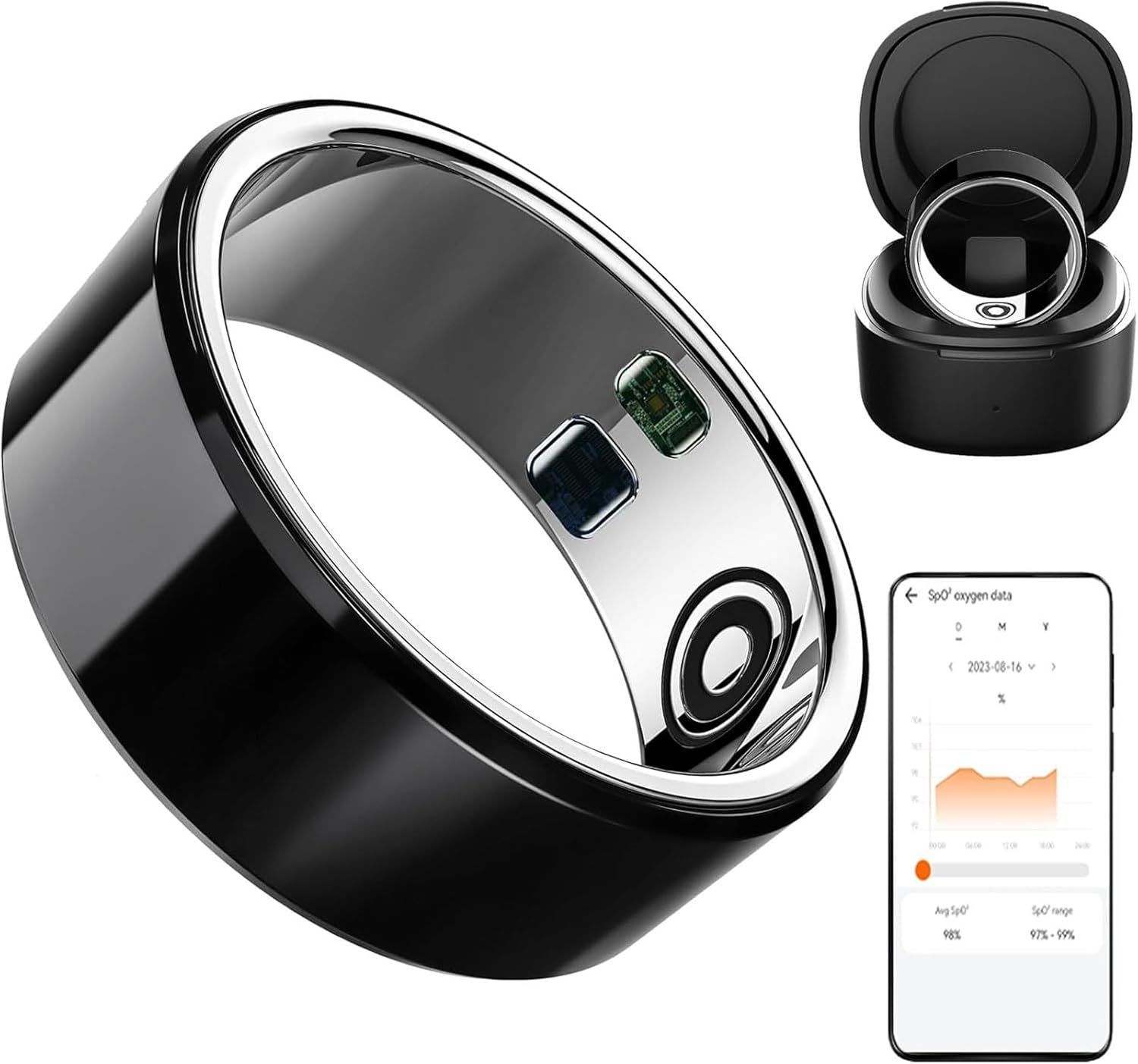 Smart Ring Health Tracker with Free Subscription, Fitness Sleep Heart Rate Blood Oxygen Tracking Ring with Charging Case,Great Gift for Women & Men,Silver