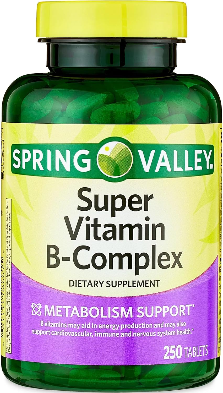Spring Valley Super Vitamin B-Complex Tablets with Vitamins B6, B12, C, Thiamine, Biotin, Folate, Pantothenic Acid- Metabolism Support, Energy Boost, and Holistic Well-Being – 250 Count