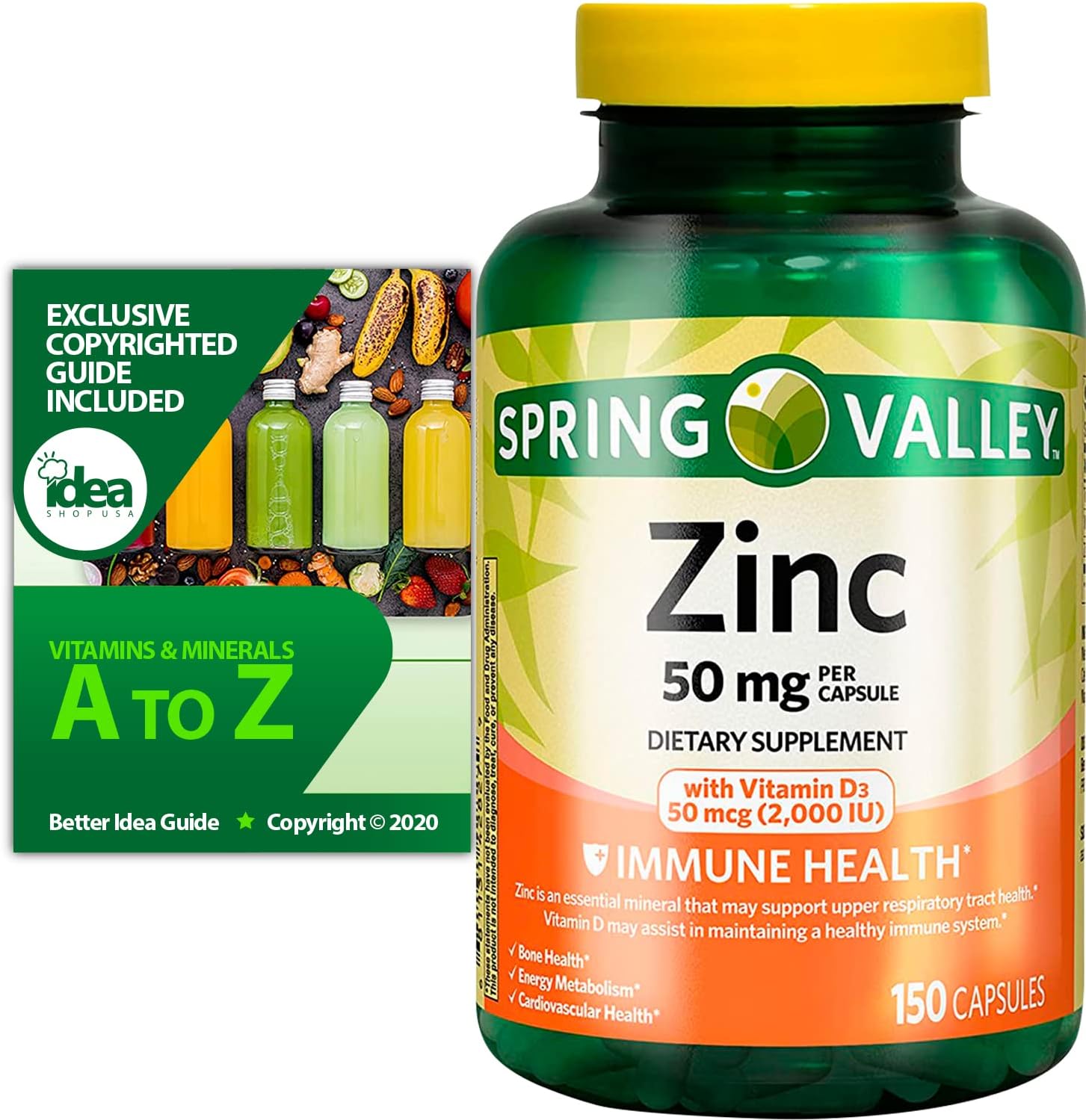 Spring Valley Zinc 50 mg with Vitamin D3 50 mcg 150 Capsules + “Vitamins & Minerals – A to Z – Better Idea Guide (1 Pack 150 ct)