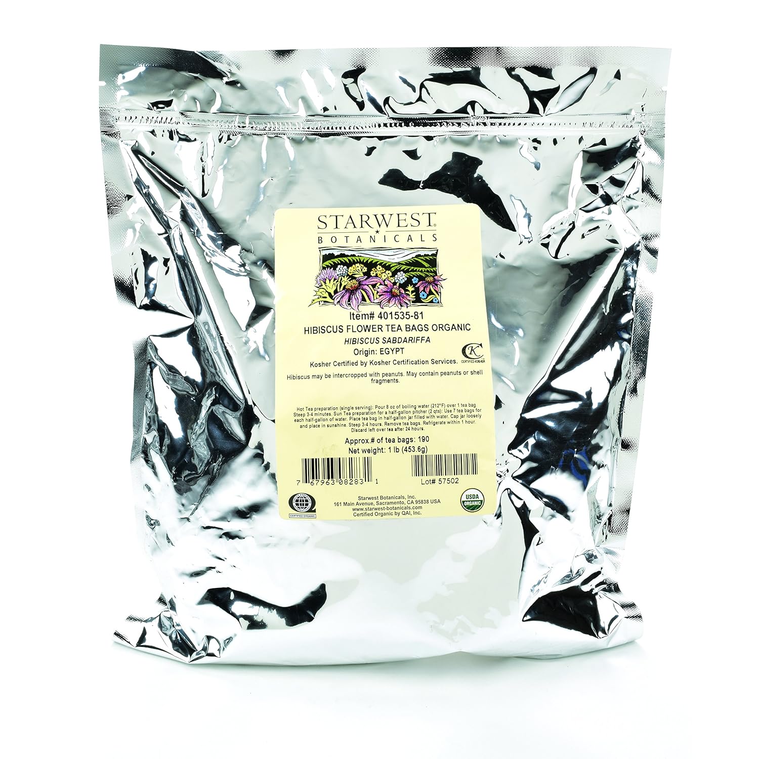Starwest Botanicals Organic Hibiscus Flower Tea Bags, 1 Pound