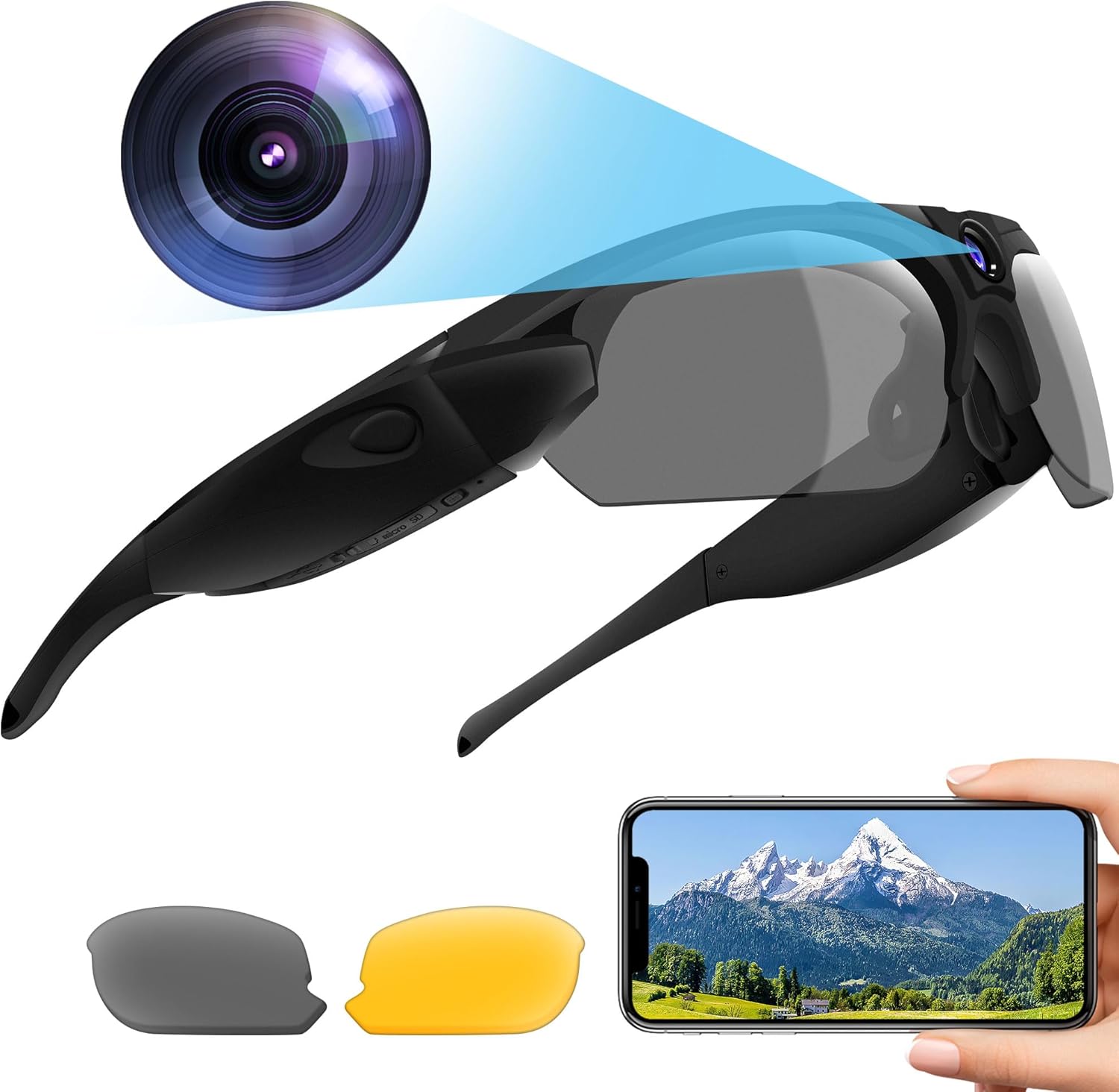 Superior Camera Glasses, WiFi Video Glasses HD 1080P, Camera Sports Sunglasses with Polarized UV380 Lens for Climbing, Cycling, Camping, Running, Traveling