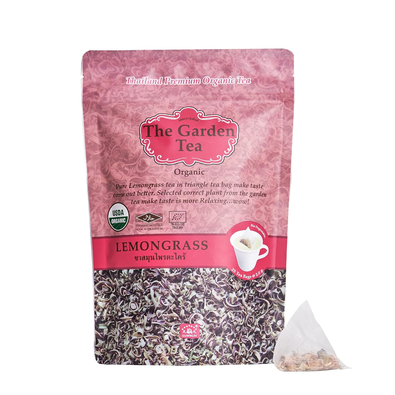 Suwirun Premium Herbal Organic Lemongrass Tea Bags (25 Tea Bags) / Organic Herbal Tea Thai Herbal Tea Bags : Unsweetened – Caffeine-Free – Relaxing Tea/Healthy Tea Lemongrass Tea Organic (Pack of 1)