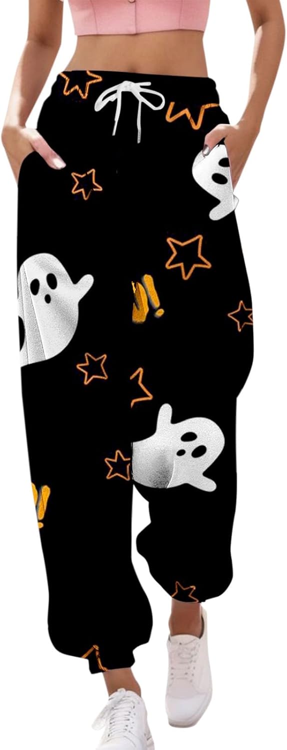 Sweatpants for Women Trendy Two Color Funny Printed Drawstring Waist Wide Leg Pants Work Loose Pocket Lounge Joggers