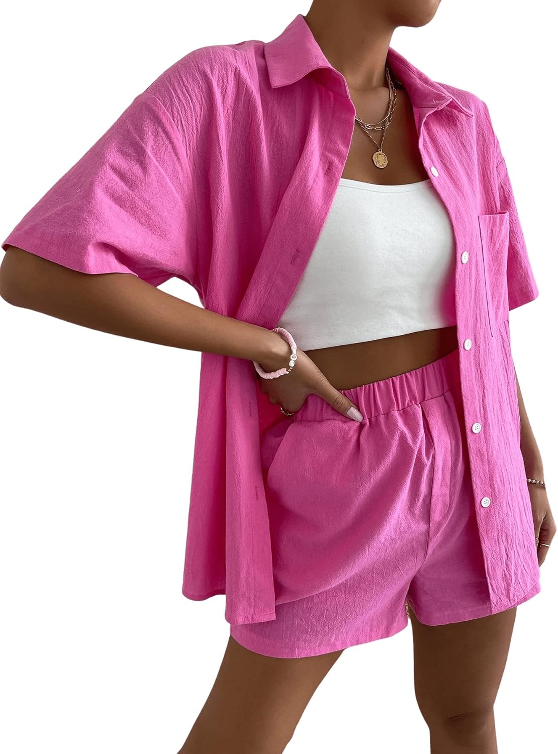 SweatyRocks Women’s 2 Piece Outfits Half Sleeve Drop Shoulder Button Front Blouse and Straight Leg Shorts Set