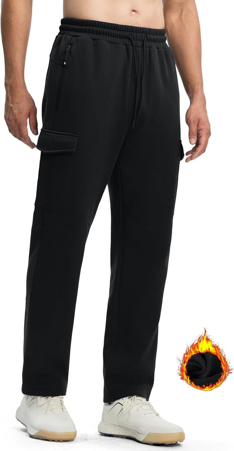 TBMPOY Men’s Fleece Lined Sweatpants Winter Straight Leg Open Bottom Warm Cargo Pockets Cotton Running Lounge