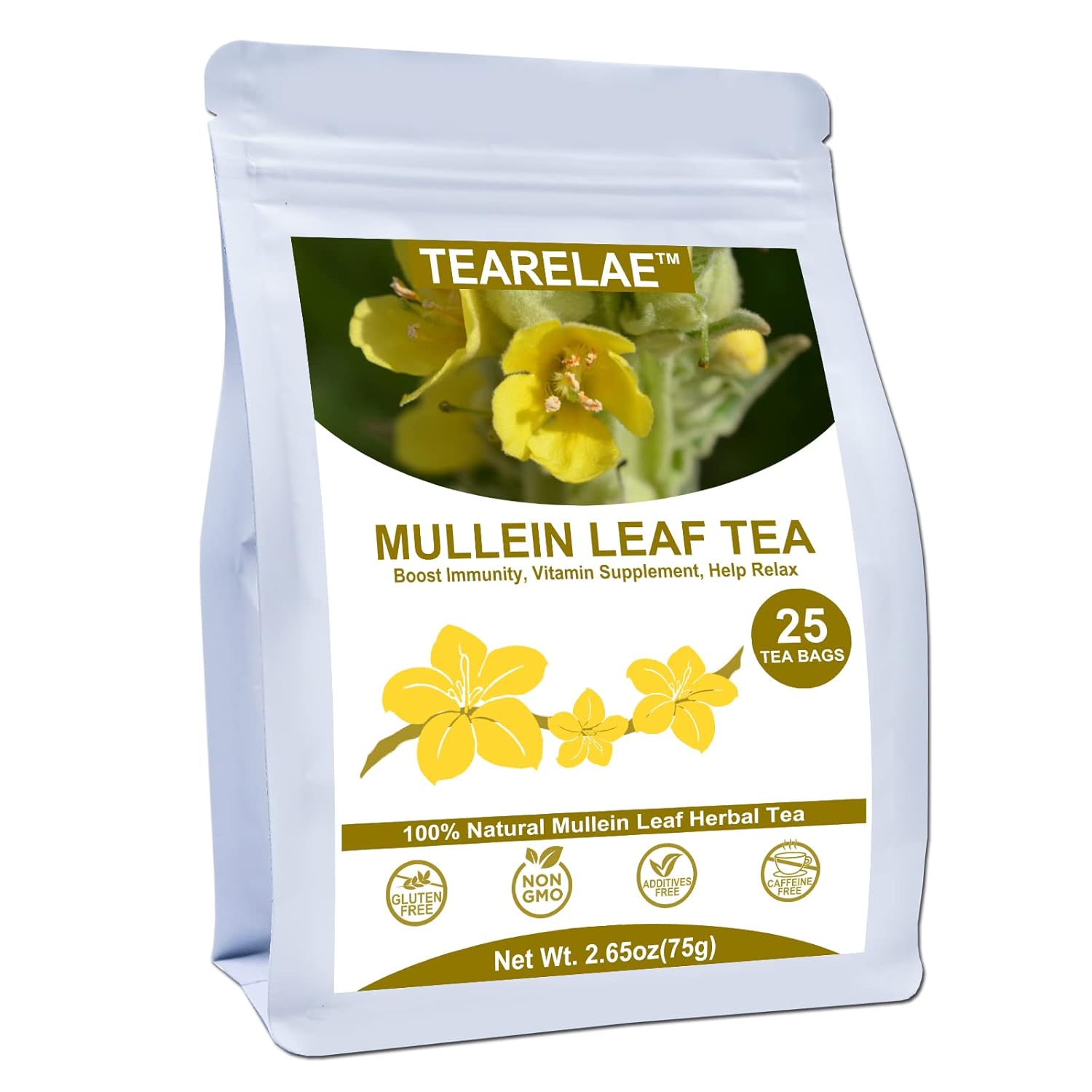 TEARELAE – Mullein Tea Bags For Lungs – 2.65 oz/75g (3g X 25 Bags) – 100% Pure Natural Premium Mullein Leaf Tea – Non-GMO – Caffeine-free – Good For Respiratory System
