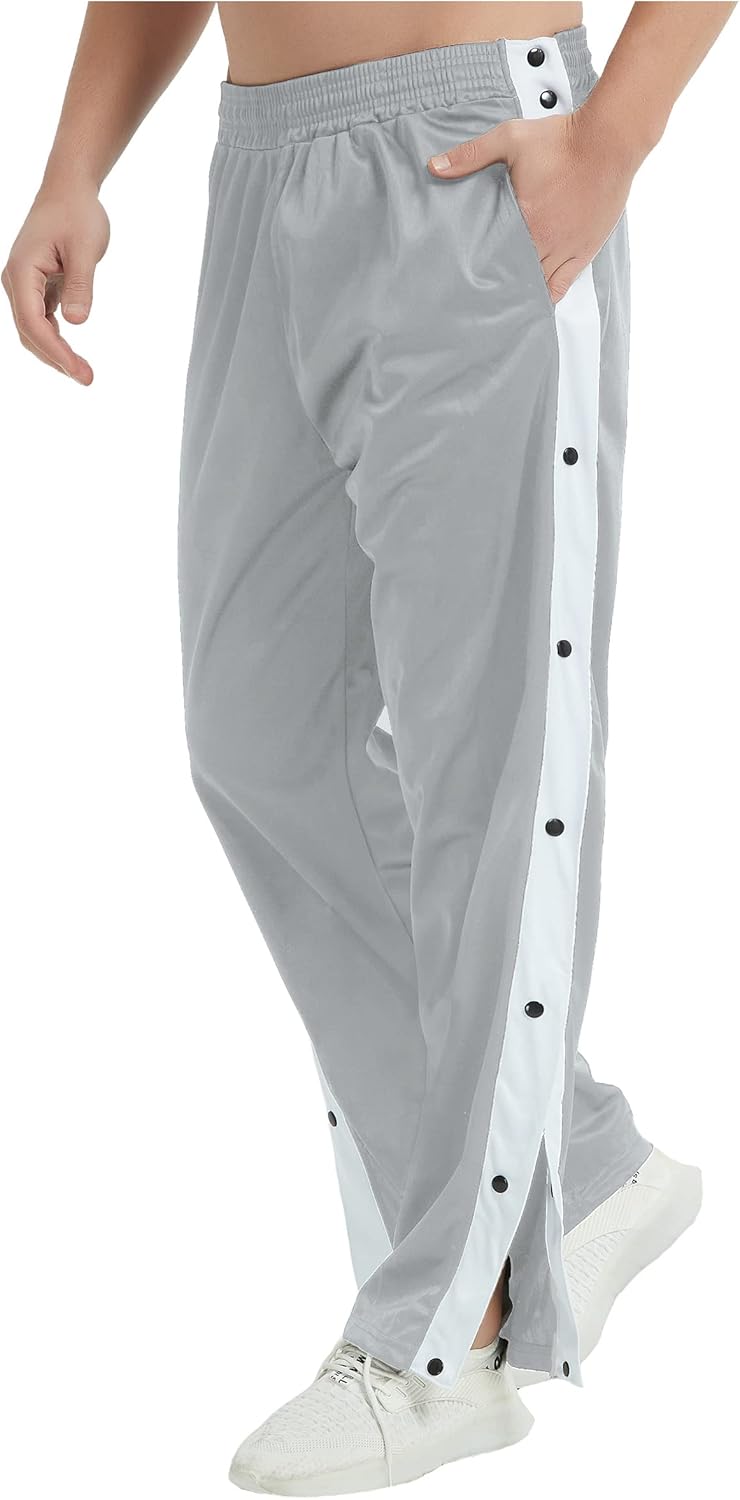 THWEI Mens Tear Away Basketball Pants Casual High Split Snap Button Post Surgery Sweatpants