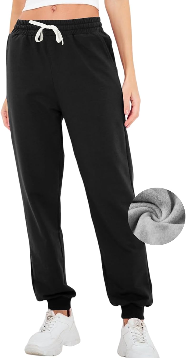 TUVEKE Women’s Fleece Joggers Sweatpants Lounge Womens High Waist Track Pants with Pockets Drawstring Rib Cinch Bottom