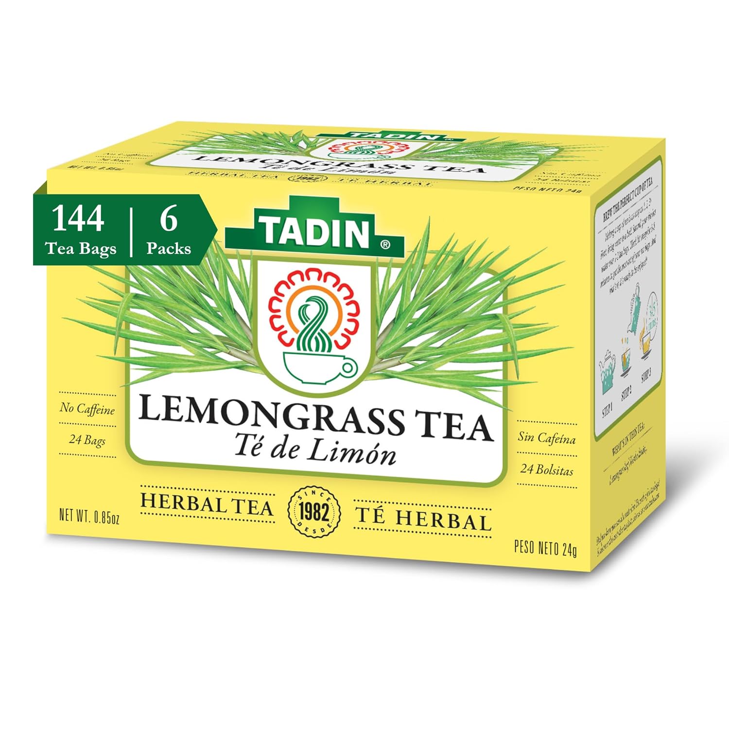 Tadin Lemongrass Tea, Herbal Tea, Caffeine Free Tea, Tea Bags Individually Wrapped, Herbal Tea Bags Best as Hot Tea and Iced Tea, 24 Tea Bags Per Box, Pack of 6