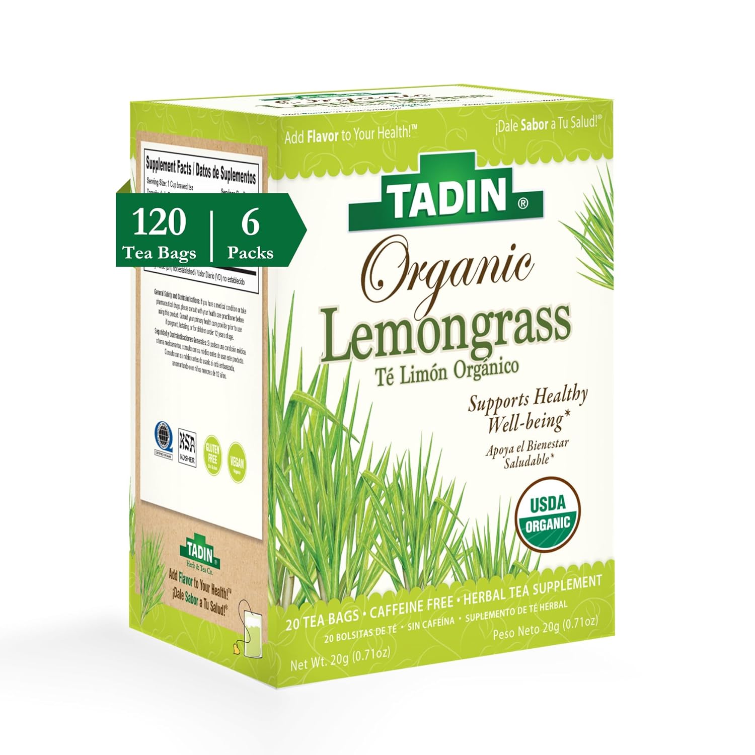 Tadin Organic Lemongrass Tea, Herbal Tea, Caffeine Free Tea, Everyday Wellness Tea, Organic Tea, Organic Lemongrass, 20 Tea Bags Per Box, Pack of 6