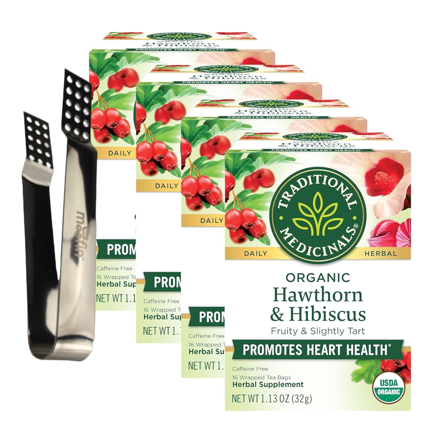 Tea, 16 Tea Bags – Organic Hawthorn And Hibiscus Tea, Heart-Healthy Herbal Blend, With Moofin Silver Ss Tea Bag Squeezer, Caffeine-Free, Hibiscus Tea Organic [Pack Of 4]
