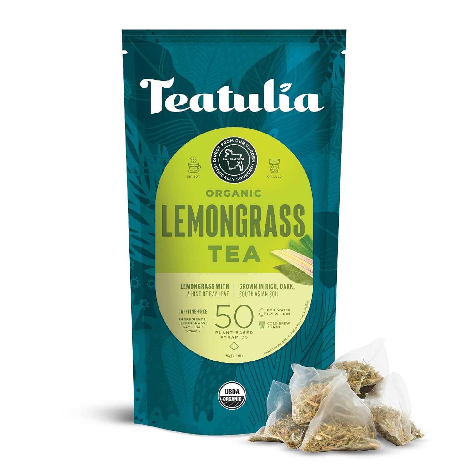 Teatulia Organic Lemongrass Tea + Bay Leaf Tea Bags (50 Pyramid Sachet Teabags) Raw Whole Leaf | 100% Compostable And Sustainably Grown In Bangladesh | Caffeine Free Herbal Lemon Grass Tea