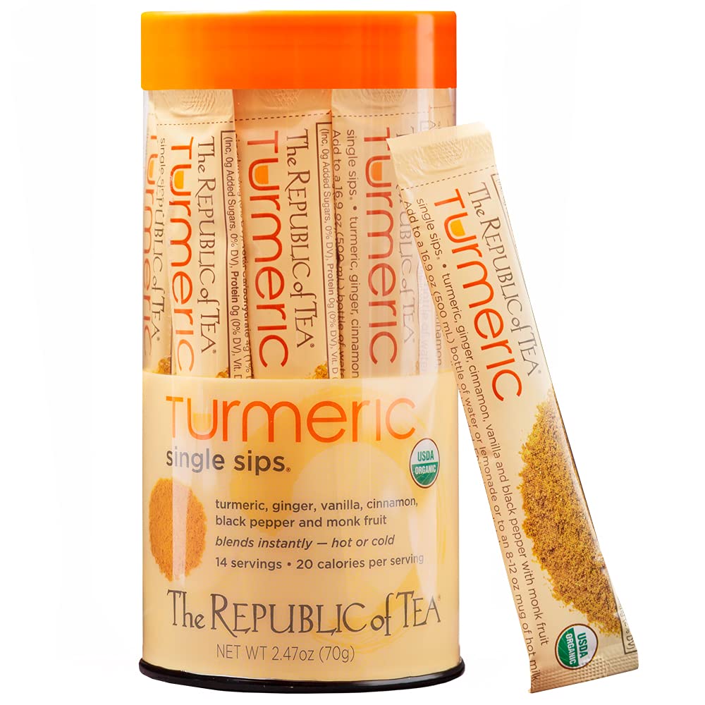 The Republic of Tea Organic Turmeric Single Sips, Instant Turmeric Herbal Tea (14 Single-Serve Packets)