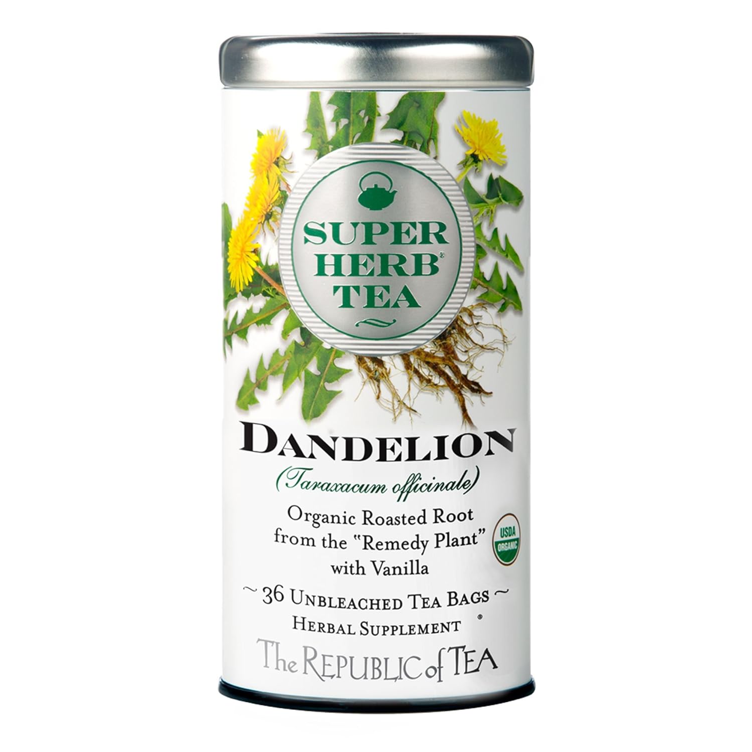 The Republic of Tea — Organic Dandelion SuperHerb Tea Tin, 36 Herbal Tea Bags, Naturally Caffeine-Free