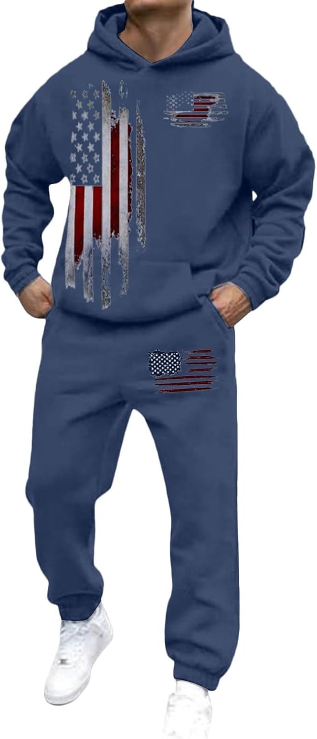 Track Suits Mens 2 Piece Set Jogging Suits American Flag Print Long Sleeve Sweatsuits Casual Workout Sports Outfits