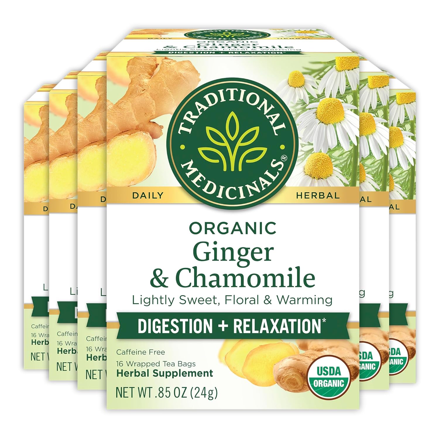 Traditional Medicinals Organic Ginger with Chamomile Herbal Tea, Relieves Occasional Indigestion or Nausea, (Pack of 6), 96 Count