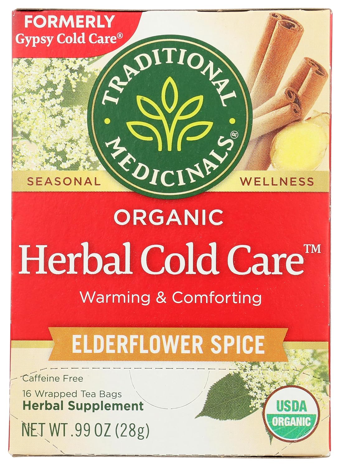 Traditional Medicinals Organic Herbal Cold Care Elderflower Spice Herbal Tea, Warm & Comforting Seasonal Wellness, (Pack of 1) – 16 Tea Bags