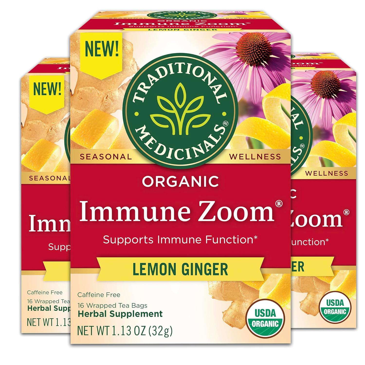 Traditional Medicinals Tea, Organic Immune Zoom Lemon Ginger, Supports Immune Function, 48 Tea Bags (3 Pack)