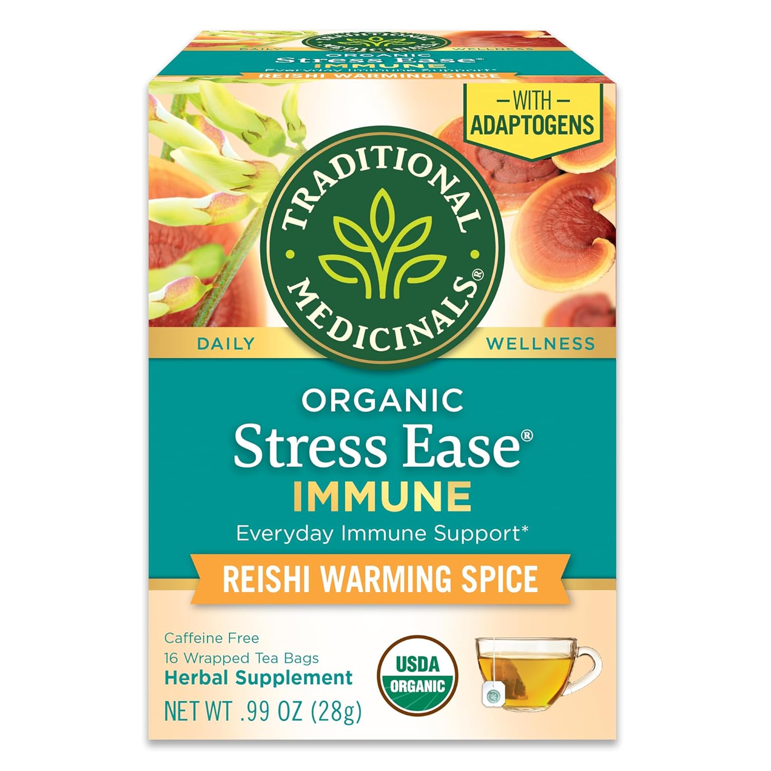 Traditional Medicinals Tea, Organic Stress Ease Immune with Adaptogens, Everyday Immune Support, Reishi Warming Spice, 16 Tea Bags