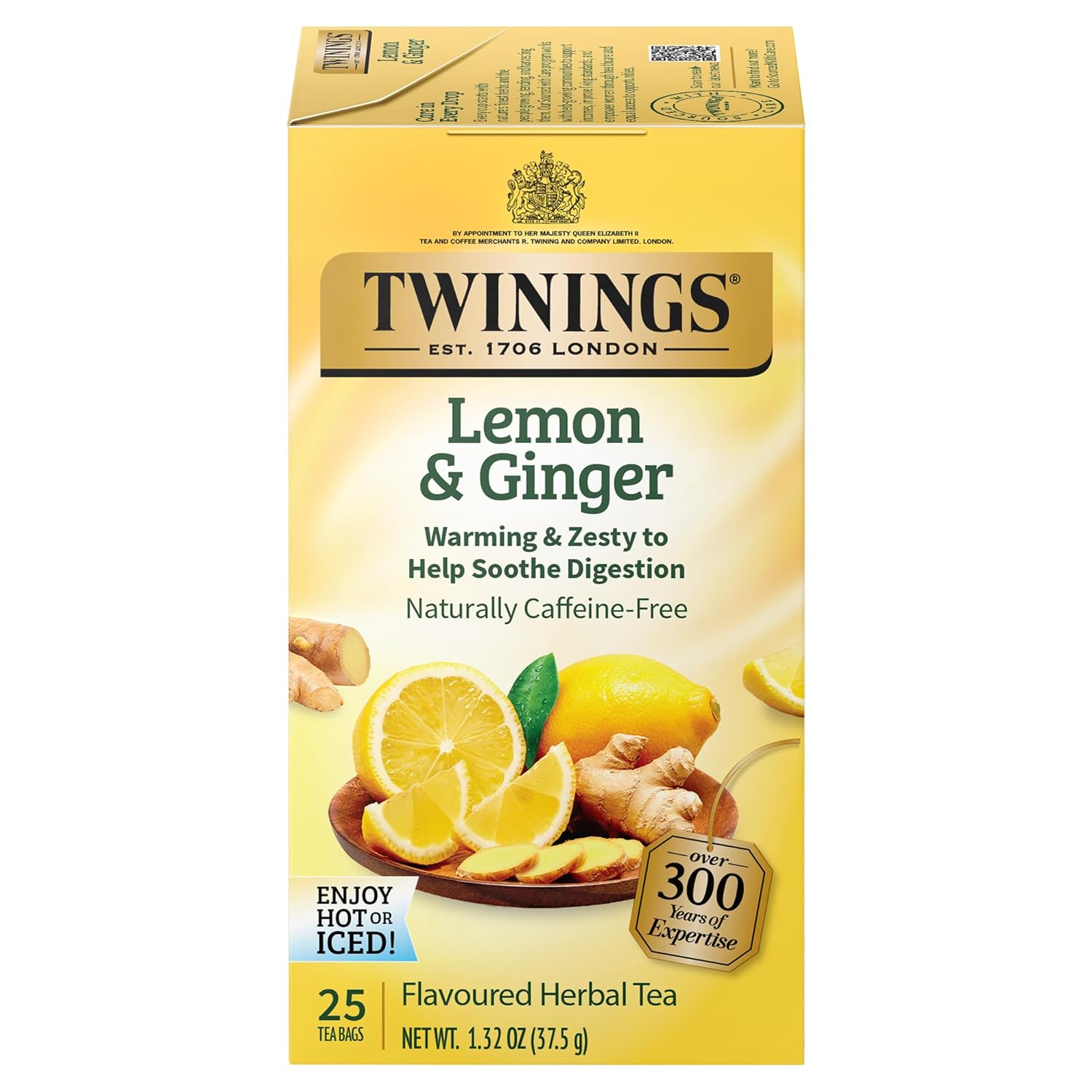 Twinings Lemon & Ginger Herbal Tea Individually Wrapped Bags, 25 Count (Pack of 6), Spicy Ginger, Lemon Peel, & Lemongrass, Naturally Caffeine-Free, Enjoy Hot or Iced | Packaging May Vary