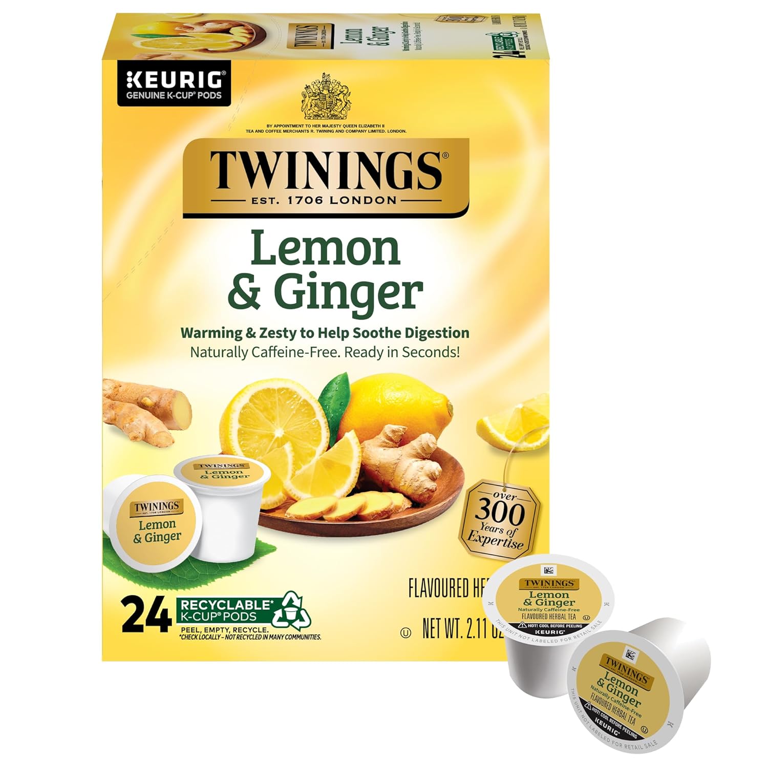 Twinings Lemon & Ginger Herbal Tea K-Cup Pods for Keurig, 24 Count (Pack of 1), Naturally Caffeine-Free, Enjoy Hot or Iced | Packaging May Vary