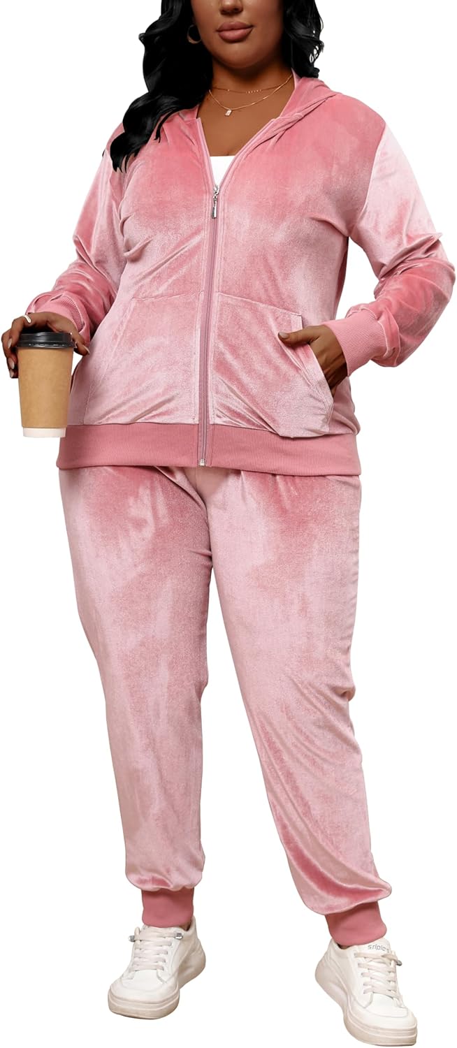 Tycorwd Women’s Plus Size Two Piece Outfits Velour Sweatsuits Sets Long Sleeve Loungewear Tracksuit Sets