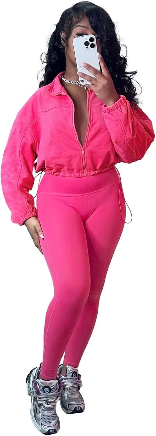 Uni Clau Womens 2 Piece Outfit Tracksuit Zip Up Long Sleeve Drawstring Crop Jacket Top Bodycon Leggings Pants Sets Sweatshirt