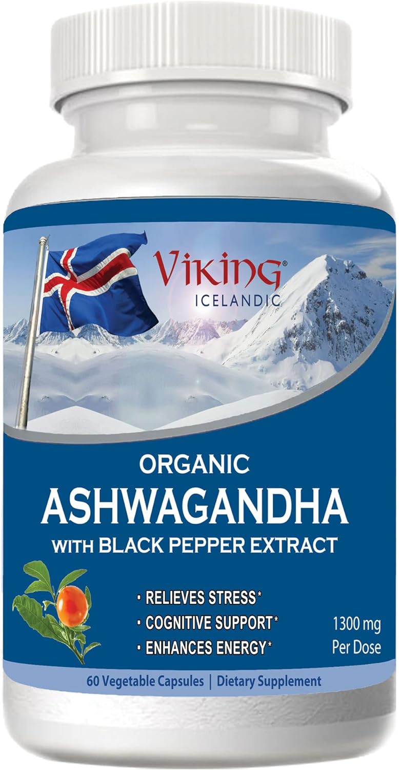 Viking Organic Ashwagandha with Black Pepper Extract Icelandic. 60 Vegan Capsules – Maximum Absorption for Stress, Mood & Energy Support