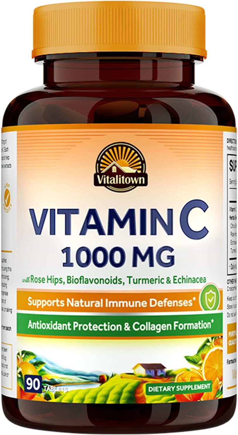 Vitalitown Vitamin C Complex 1000mg with Rose HIPS, Bioflavonoids, Turmeric & Echinacea, Daily Immune Support, Collagen Booster & Powerful Antioxidant, Vegan, 90 Tablets