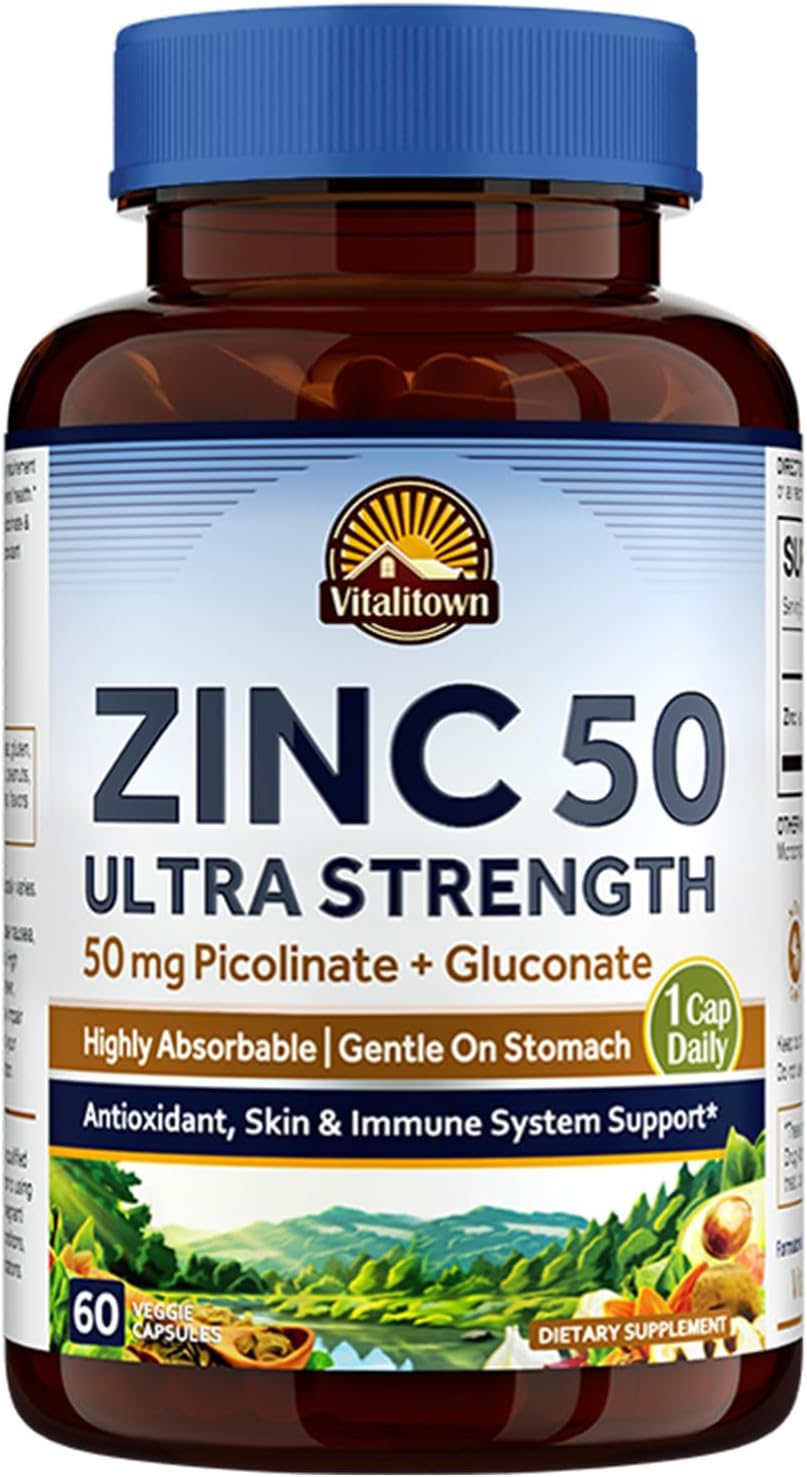 Vitalitown Zinc 50 mg, Zinc Picolinate, Zinc Gluconate, 60 Veggie Capsules, No Zinc Oxide, Well-Absorbed, Chelated Zinc Supplement, Immune System, Healthy Skin & Development, Vegan, NO Gluten, Non-GMO