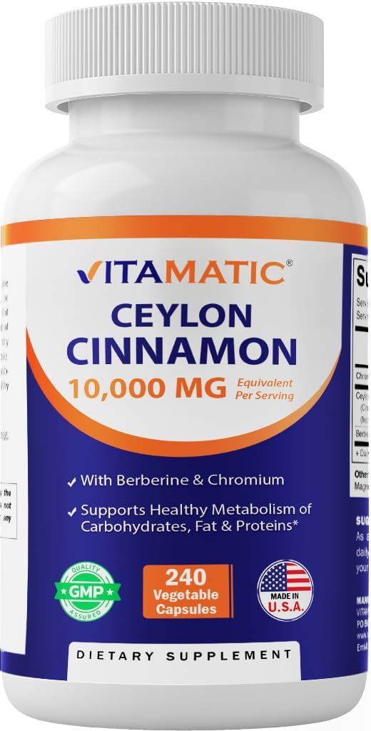 Vitamatic Ceylon Cinnamon 10000 mg Equivalent per Serving with Berberine & Chromium – 240 Vegetable Capsules – Non-GMO & Gluten Free