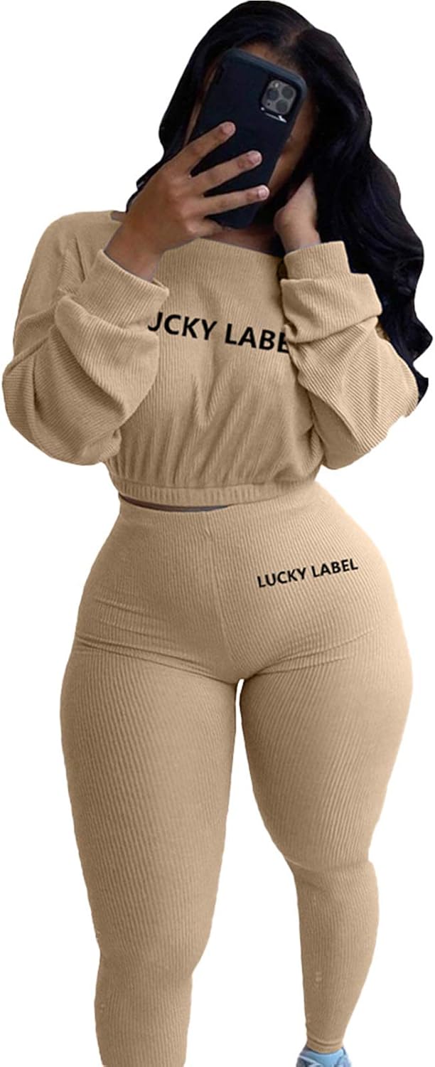 Women 2 Piece Outfits Sweatsuit Set – Long Sleeve Ribbed Crop Top + Skinny Long Pants Tracksuit Jogger Set