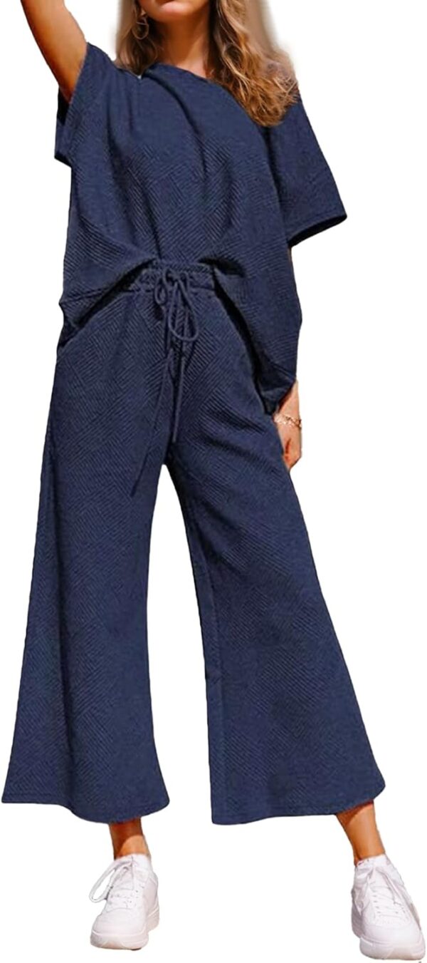 Women 2 Piece Outfits Sweatsuits Summer Lounge Set Casual Short Sleeve Pullover Tops And Drawstring Wide Leg Pants