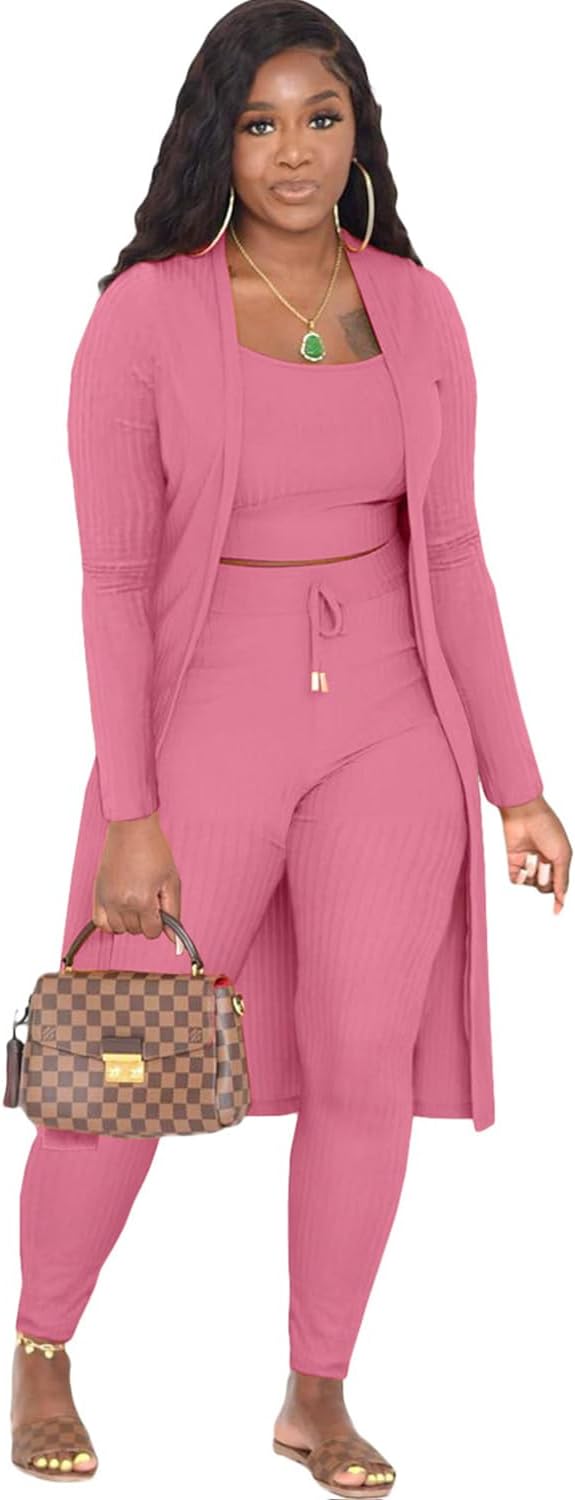 Women 3 Piece Outfits Sweatsuit Lounge Set Long Sleeve Cardigan Sleeveless Top Pants Casual Tracksuit Sets