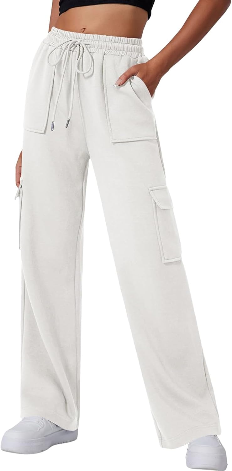 Women Cargo Sweatpants Casual Baggy Fleece Straight Trouser High Waisted Jogger Sweatpants Fall Outfits with Pocket