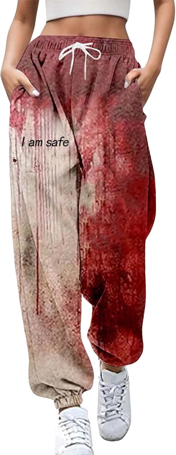 Women Halloween Sweatpants Funny Bloody Printed Drawstring Jogger Sweat Pants Closed Bottom Y2k Fall Pants