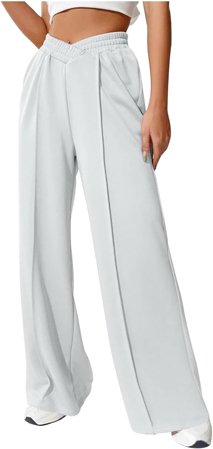 Women Wide Leg Yoga Pants with Pockets High Waist Stretch Dress Pants Tummy Control Straight Leg Lounge Sweatpants