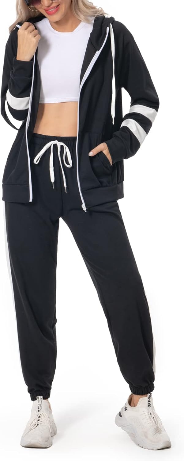 Women’s 2 Piece Casual Tracksuit Outfits Long Sleeve Zip Up Hoodie Coat with Color Block Pants Sweatsuits