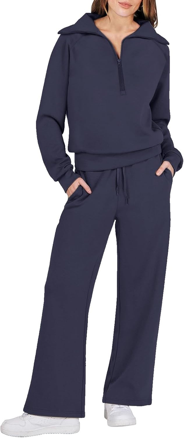 Womens 2 Piece Lounge Outfits Quarter Zip Pullover Sweatsuit Sets Oversized Sweatshirt Baggy Fall Fashion Sweatpants