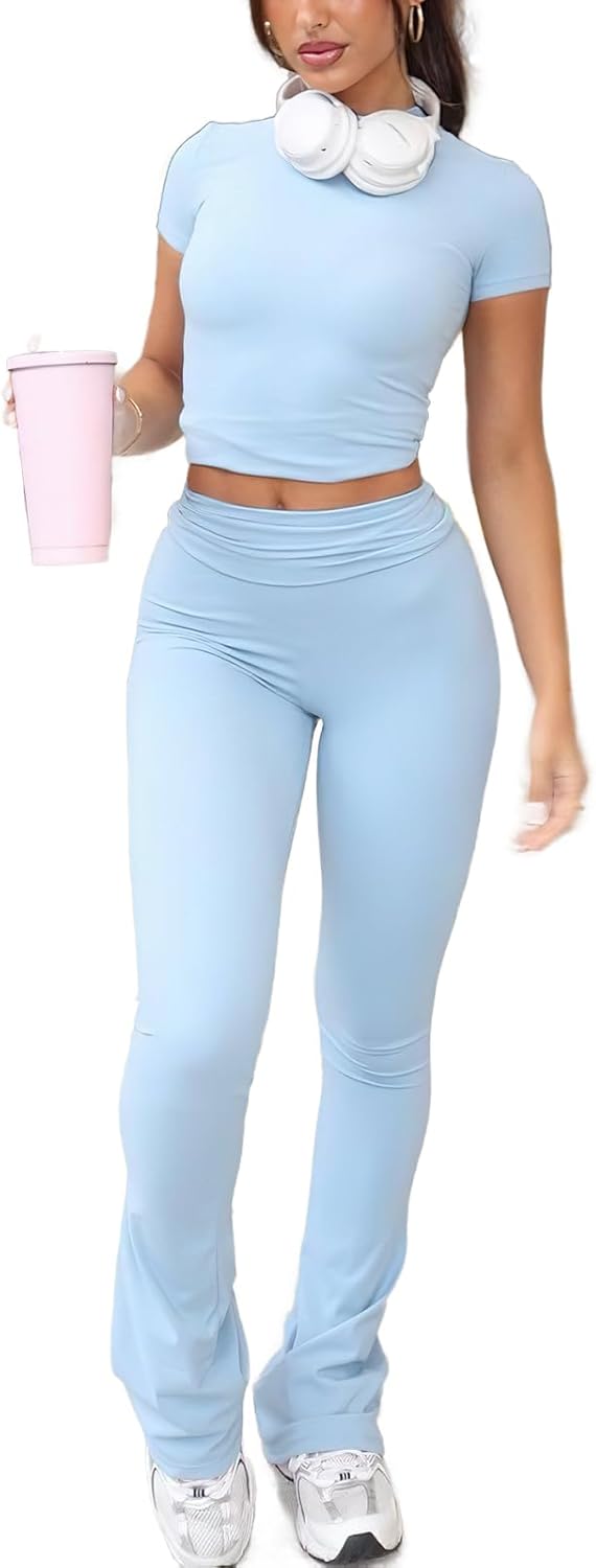 Women’s 2 Piece Lounge Set Short Sleeve Tight Cropped Tee and Fold Waisted Flare Pants Workout Tracksuits