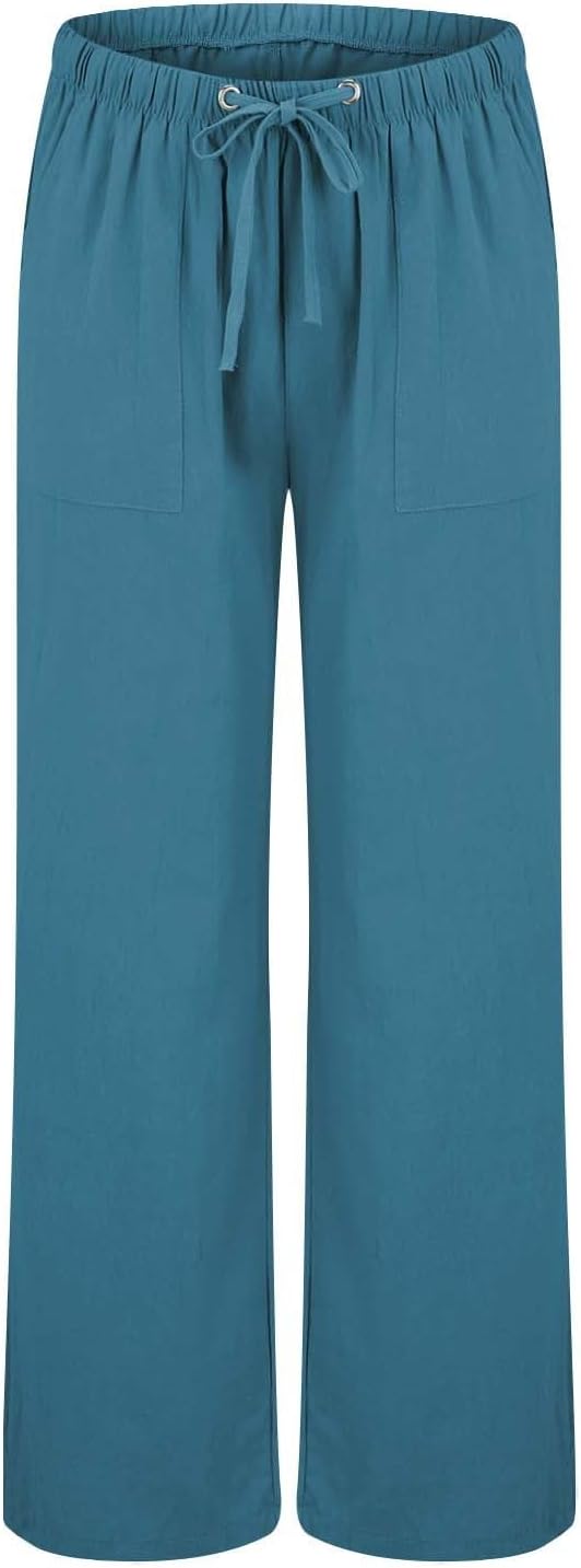 Women’s Beach Linen Pants Barrel Mid-Rise Elastic Waist Drawstring Pants Casual Wide Leg Baggy Trouser with Pockets