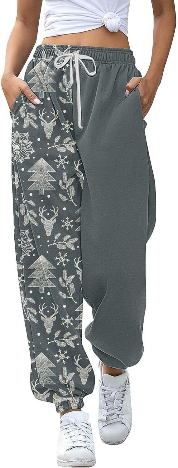 Womens Christmas Pants Sweatpants Womens Print Straight Leg High Waisted Joggers Trendy Drawstring Workout Pant