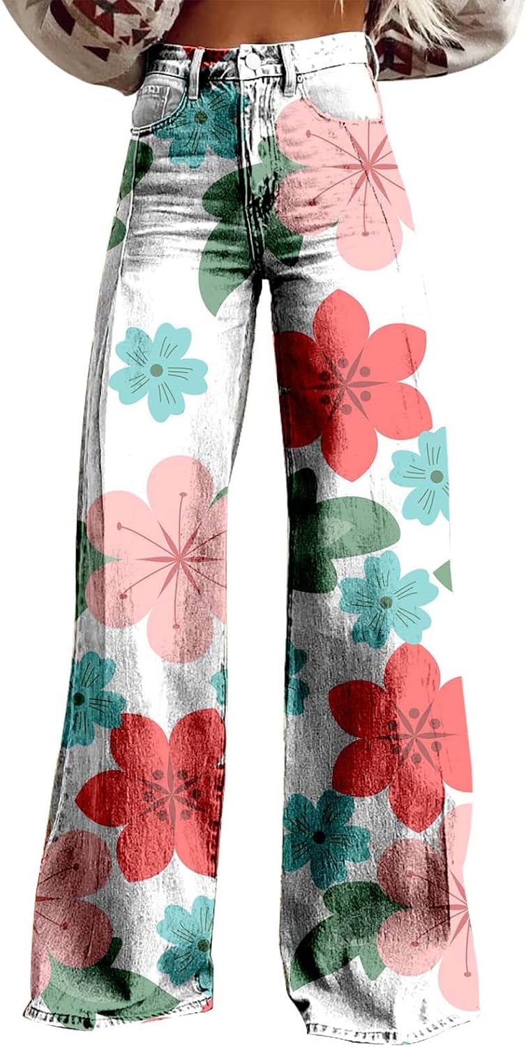 Women’s Wide Leg Baggy Jeans Vintage Flare Jeans High Waisted Straight Stretch Denim Fall Pants with Pockets