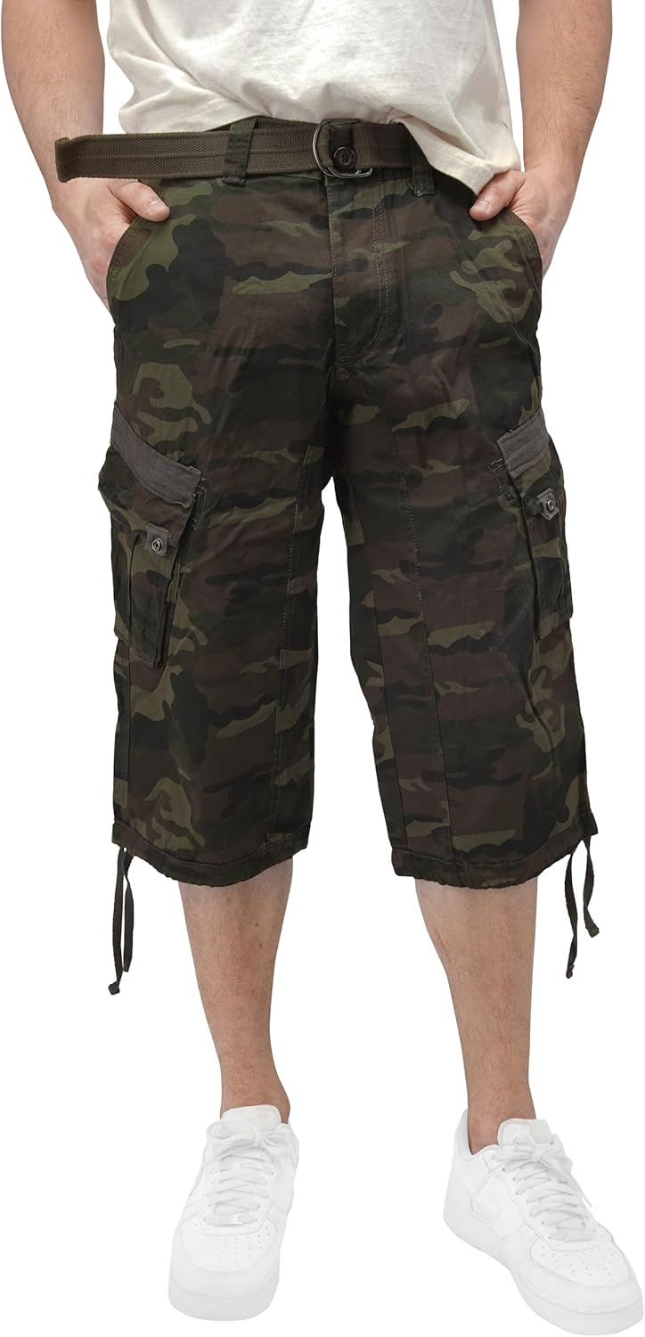 X RAY Men’s Belted Cargo Long Shorts 18″ Inseam Below Knee Length Multi Pocket 3/4 Capri Pants (Big and Tall Shorts for Men)