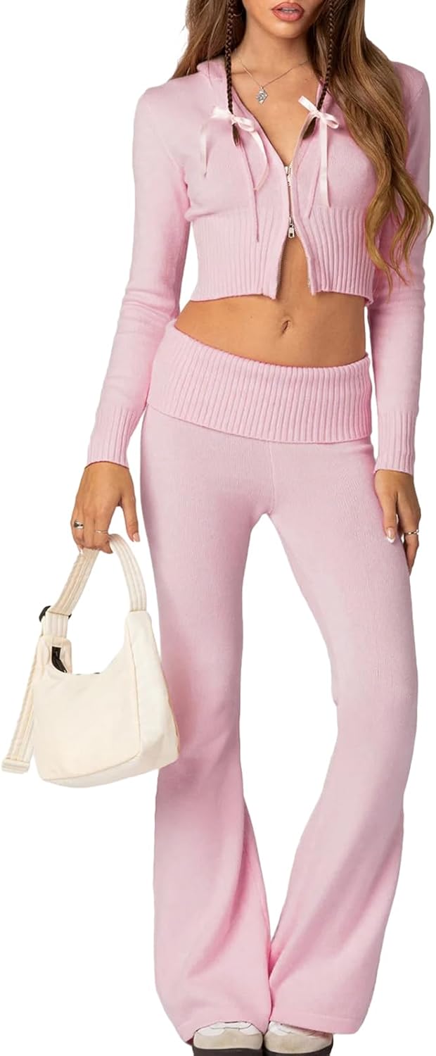 Yuemengxuan Y2k Outfits Set Women Two Piece Knitted Set Long Sleeve Zipper Hoodie Crop Top High Waist Trousers Tracksuit