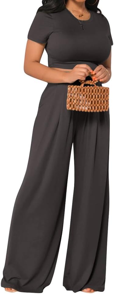 imbpceu Womens Two Piece Outfits Crop Tops High Waist Wide Leg Pants Sets Tracksuit
